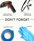 Rust-Oleum comfort grip spray handle, painter's tape, protective eyewear, and gloves for spray projects.