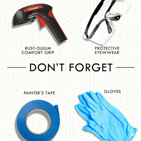 Rust-Oleum comfort grip spray handle, painter's tape, protective eyewear, and gloves for spray projects.