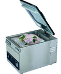 PrimaVac 254 Chamber Vacuum Sealer with 10 inch seal bar open, sealing food bag inside stainless steel chamber, NSF certified
