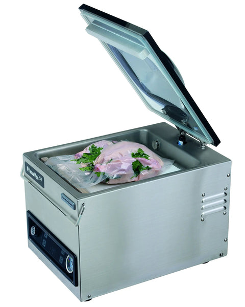 PrimaVac 254 Chamber Vacuum Sealer with 10 inch seal bar open, sealing food bag inside stainless steel chamber, NSF certified