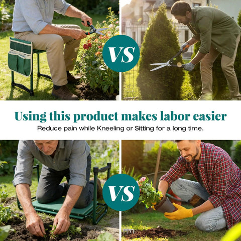 Heavy Duty Garden Kneeler And Seat With Dual Tool Bags, Extra Wide 11.02 Inch Foldable Stool For Knee And Back Support, shown in use by gardeners.