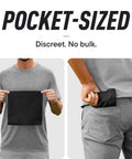 Man showing Pocket Sized Sweat Towels For Face Hands And Body On The Go Quick Dry Microfiber Handkerchiefs, fits in pocket, black color.