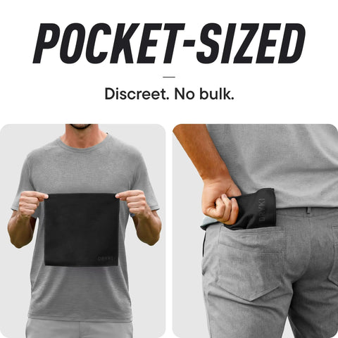 Man showing Pocket Sized Sweat Towels For Face Hands And Body On The Go Quick Dry Microfiber Handkerchiefs, fits in pocket, black color.