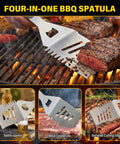 Complete 5 Piece BBQ Grill Tool Set With Spatula Fork Tongs Basting Brush And Cleaning Brush For Outdoor Grilling Durable Wood Handle Utensils Gift For Men Dad Him alongside a four-in-one BBQ spatula on grill.