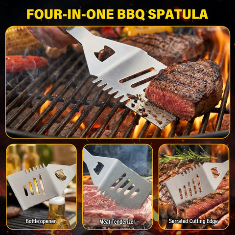 Complete 5 Piece BBQ Grill Tool Set With Spatula Fork Tongs Basting Brush And Cleaning Brush For Outdoor Grilling Durable Wood Handle Utensils Gift For Men Dad Him alongside a four-in-one BBQ spatula on grill.