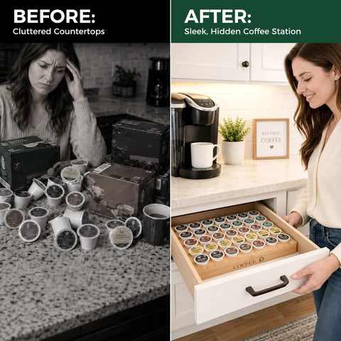 Before and after using Neat K Cup Pod Organizer For Countertop Or Drawer Holds 35 Coffee Pods Perfect For Office And Kitchen