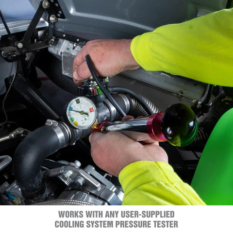 User interacting with Universal Cooling System Adapter Kit For Radiator Pressure Testing on an engine