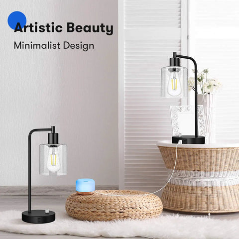 Two Pack Fully Stepless Dimmable Industrial Table Lamps With USB Ports And AC Outlet Seeded Glass Bedside Desk Lamps in room