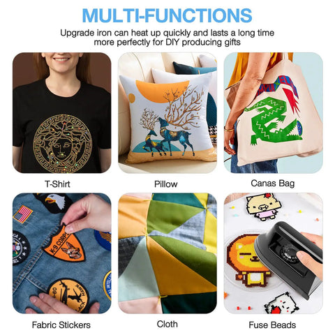 Handy Mini Heat Press Machine Kit With Portable Design And PVC Doormat For Easy Heat Transfer Diy T Shirt Shoe Bag Vinyl Projects Compact Size Low Power Charging Base Accessory For Creative Crafting Vibes showcased on t-shirt, pillow, canvas bag, and cloth fabric.