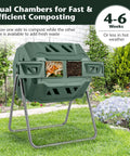 Outdoor 42 Gallon Dual Chamber Compost Tumbling Bin With 360 Degree Rotating Barrel Heavy Duty Metal Frame BPA Free in a garden