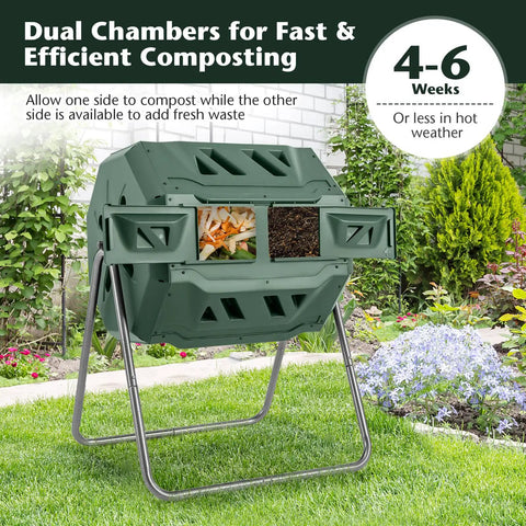 Outdoor 42 Gallon Dual Chamber Compost Tumbling Bin With 360 Degree Rotating Barrel Heavy Duty Metal Frame BPA Free in a garden