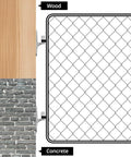 Two Pack 304 Stainless Steel Chain Link Gate Hinges With Five Eighth Inch Hinge Pin shown on wood and concrete surfaces