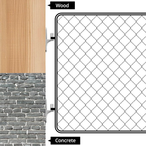 Two Pack 304 Stainless Steel Chain Link Gate Hinges With Five Eighth Inch Hinge Pin shown on wood and concrete surfaces