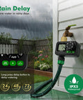 Sprinkler Timer For Outdoor Hose Faucet With Brass Inlet And Large Dial attached to faucet, rain delay feature displayed