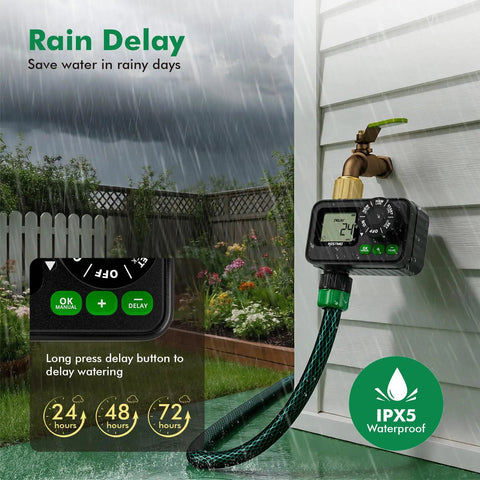 Sprinkler Timer For Outdoor Hose Faucet With Brass Inlet And Large Dial attached to faucet, rain delay feature displayed