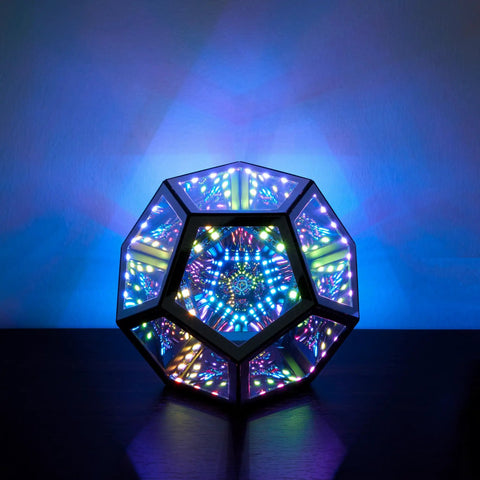 Dodecahedron RGBW Gaming Light With Infinity Mirror Effect Modern LED Desk Lamp displaying vibrant color patterns