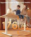 Electric Height Adjustable Standing Desk 48 Inch By 24 Inch With One Touch Lift, showing strength with 176 lbs load and maple top.