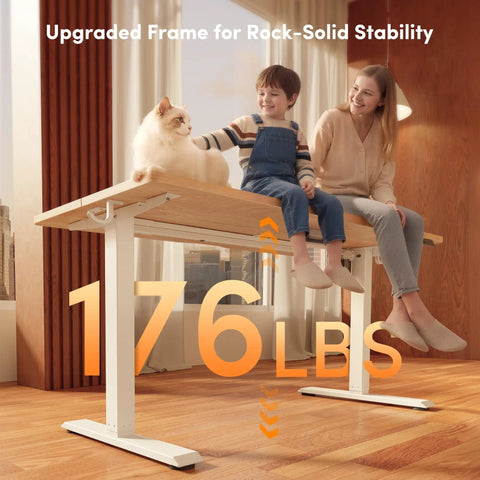 Electric Height Adjustable Standing Desk 48 Inch By 24 Inch With One Touch Lift, showing strength with 176 lbs load and maple top.