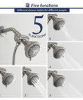 High Pressure Shower Head With Handheld Combo In Brushed Nickel 5 Settings 4 Inch Rain Head And Handheld 60 Inch Stainless Steel Slide Bar