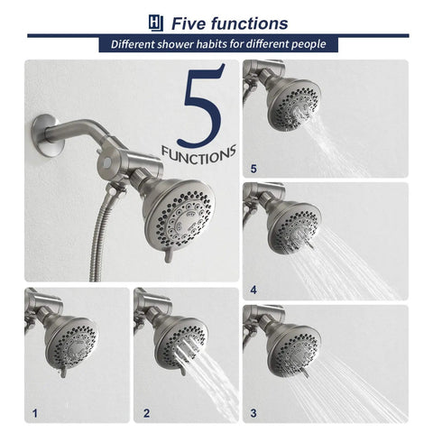 High Pressure Shower Head With Handheld Combo In Brushed Nickel 5 Settings 4 Inch Rain Head And Handheld 60 Inch Stainless Steel Slide Bar
