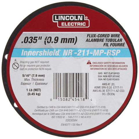 MIG Flux Core Welding Wire.035 NR-211 MP Innershield for mild steel, 1 lb spool, detailed label view