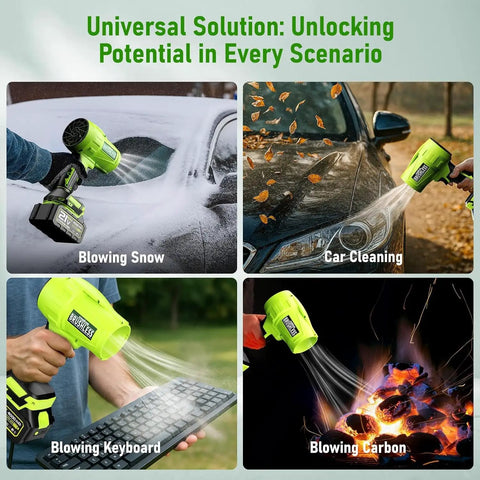 Powerful Cordless Leaf Blower with 580000 RPM motor used for blowing snow, cleaning car, blowing keyboard, and carbon.