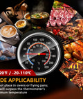 Instant Read Meat Thermometer With Your Go To Five Point Five Inch Stainless Steel Probe And One Point Five Inch Dial For Grilling Steak Chicken Bread Milk Tea And Coffee In The Kitchen displaying temperature range and cooking images