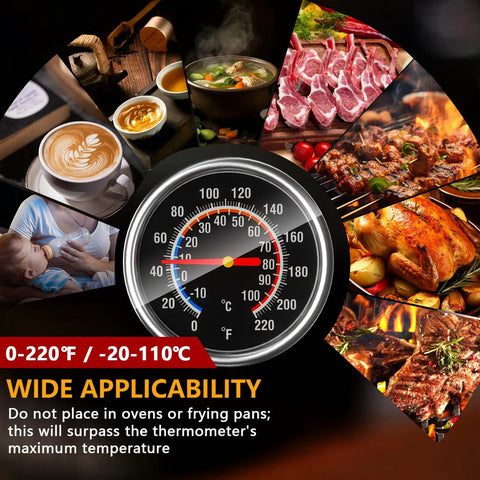 Instant Read Meat Thermometer With Your Go To Five Point Five Inch Stainless Steel Probe And One Point Five Inch Dial For Grilling Steak Chicken Bread Milk Tea And Coffee In The Kitchen displaying temperature range and cooking images
