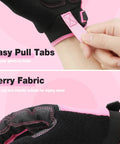Pink Safety Work Gloves For Women And Men, Medium Size, Tough Polyester Back, Comfortable Ergonomic Fit, Built For DIY, Construction, Gardening, And Everyday Grippy Tasks. Easy pull tab and terry fabric visible.