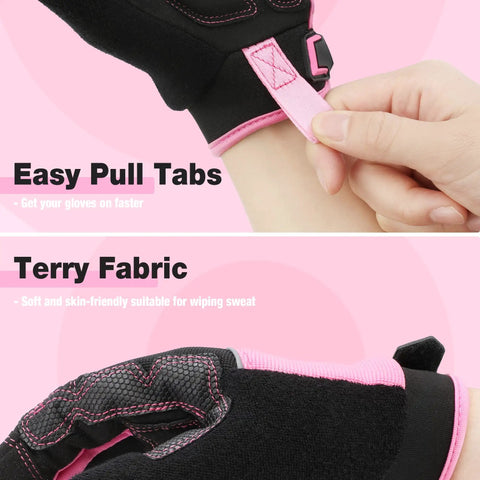 Pink Safety Work Gloves For Women And Men, Medium Size, Tough Polyester Back, Comfortable Ergonomic Fit, Built For DIY, Construction, Gardening, And Everyday Grippy Tasks. Easy pull tab and terry fabric visible.