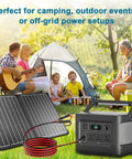 Family camping with a Beefed Up Solar Panel Extension Cable 3ft 10AWG XT60i connecting solar panel to power station.