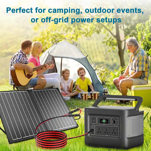 Family camping with a Beefed Up Solar Panel Extension Cable 3ft 10AWG XT60i connecting solar panel to power station.