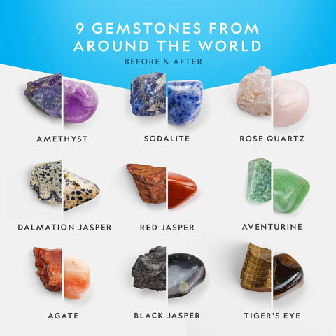 9 gemstones before and after polishing in Rock Tumbler Kit For Beginners And Enthusiasts Hobby Edition Includes Rough Gemstones And Four Polishing Grits Dope STEM Geology Toy For Kids And Adults