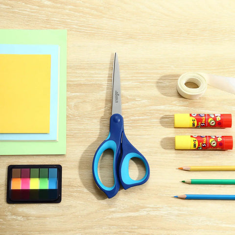 Left Handed 8.5 Inch Heavy Duty Scissors 3 Pack, blue handled scissors on desk with paper, glue, tape, and pencils