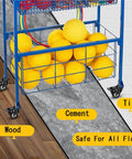 Heavy Duty Polyurethane Caster Wheels With Brake Set Of Four on a rack, safe for wood, tile, cement floors, holding yellow balls.