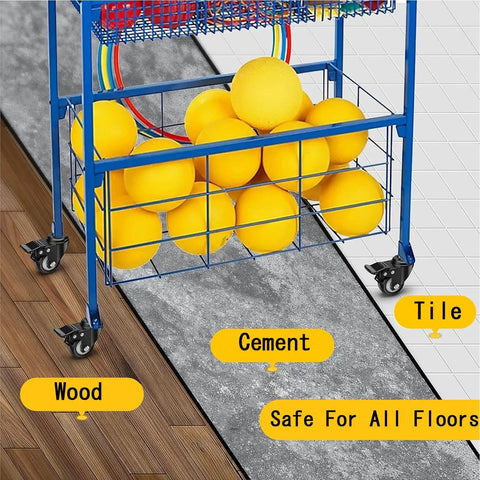 Heavy Duty Polyurethane Caster Wheels With Brake Set Of Four on a rack, safe for wood, tile, cement floors, holding yellow balls.
