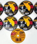 Nine DeWalt cutoff wheels, 4 inch diameter, displayed in packaging for metal cutting and grinding tasks.