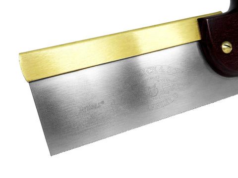 Close-up of Heavy Duty 8 Inch Dovetail Saw With Stained Beech Handle 20 TPI Taper Ground Sheffield Steel blade and brass frame.