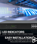 16 Port Gigabit PoE Plus Switch With 220W Budget, 30W Per Port, Auto Uplink, Plug And Play Rack Mount Ready, front view with LED indicators