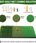 Tri-turf mat with 40mm tee turf, 20mm rough, and 16mm fairway for 10x7 Foot Practice Golf Net Kit With Tri Turf Mat Balls Tee Carry Bag And All In One Training Aid For Outdoor And Indoor Chipping And Driving Ideal Gift For Men And Golf Enthusiasts