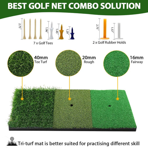 Tri-turf mat with 40mm tee turf, 20mm rough, and 16mm fairway for 10x7 Foot Practice Golf Net Kit With Tri Turf Mat Balls Tee Carry Bag And All In One Training Aid For Outdoor And Indoor Chipping And Driving Ideal Gift For Men And Golf Enthusiasts