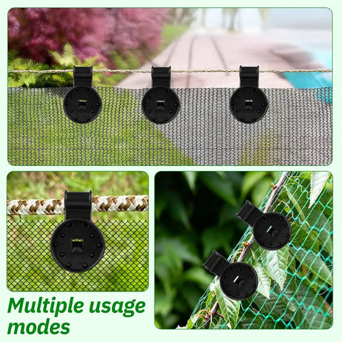 Image showcasing 50 Pack Tough As Nails Netting Clips With Grommet Holes, reusable clips securing various garden nets.