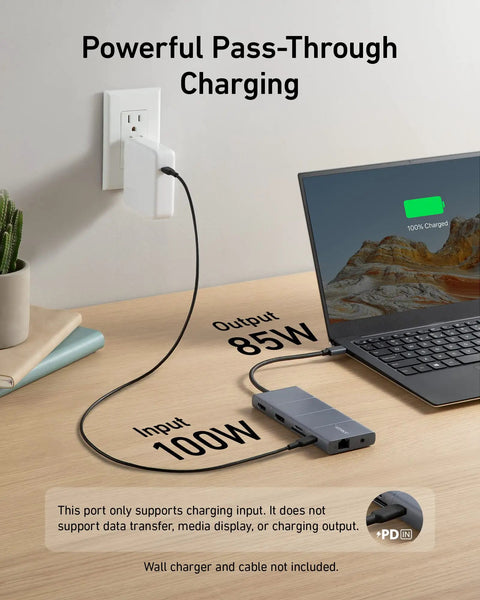 11-In-1 USB-C Docking Hub For Laptops With Dual 4K Monitors, showing 85W pass-through charging connected to a laptop