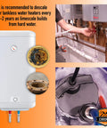Diagram showing tankless water heater, limescale buildup, and use of Tankless Water Heater Descaler Kit With 3.5 Gallon Bucket, 1/6 HP Pump, And Dual Steel Hoses Just Add Vinegar Or Your Own Descaler For Quick, Easy Flushes And Extended System Life.