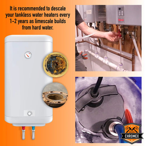 Diagram showing tankless water heater, limescale buildup, and use of Tankless Water Heater Descaler Kit With 3.5 Gallon Bucket, 1/6 HP Pump, And Dual Steel Hoses Just Add Vinegar Or Your Own Descaler For Quick, Easy Flushes And Extended System Life.