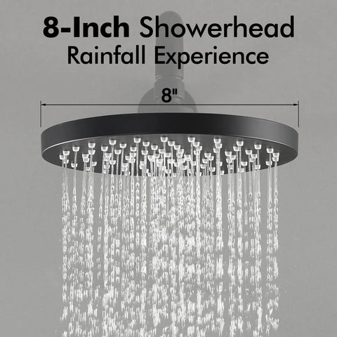 All In One Black Shower System With Rain Shower Head And Wall Mounted Trim Kit Pressure Balance Valve With Anti Scald Technology Easy Install Durable Brass Construction For Modern Bathrooms showing 8-inch showerhead in use