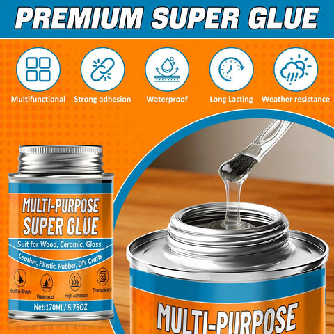Heavy Duty Waterproof Super Glue Container With Built In Brush Applicator One Seventy Milliliter Size with adhesive pouring from brush.