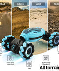 Gesture Sensing RC Stunt Car For Kids 6 To 12 on mixed terrains showing its 4WD feature, hand controlled twist vehicle in blue