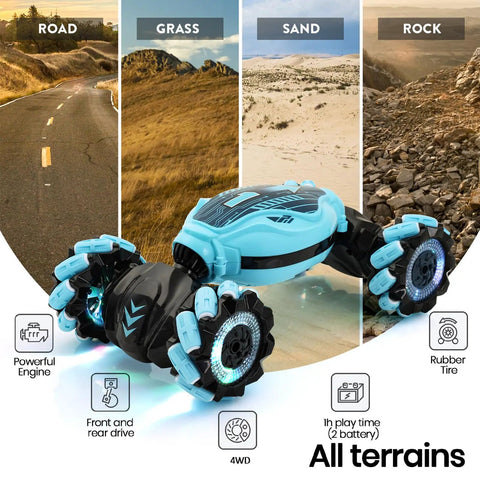 Gesture Sensing RC Stunt Car For Kids 6 To 12 on mixed terrains showing its 4WD feature, hand controlled twist vehicle in blue