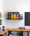 Heavy Duty Wall Mounted Storage Shelf Set For Garage And Home 24 By 12 Inch Metal Shelves Two Pack Workhorse Sturdy Steel Wall Rack with tools and boxes displayed